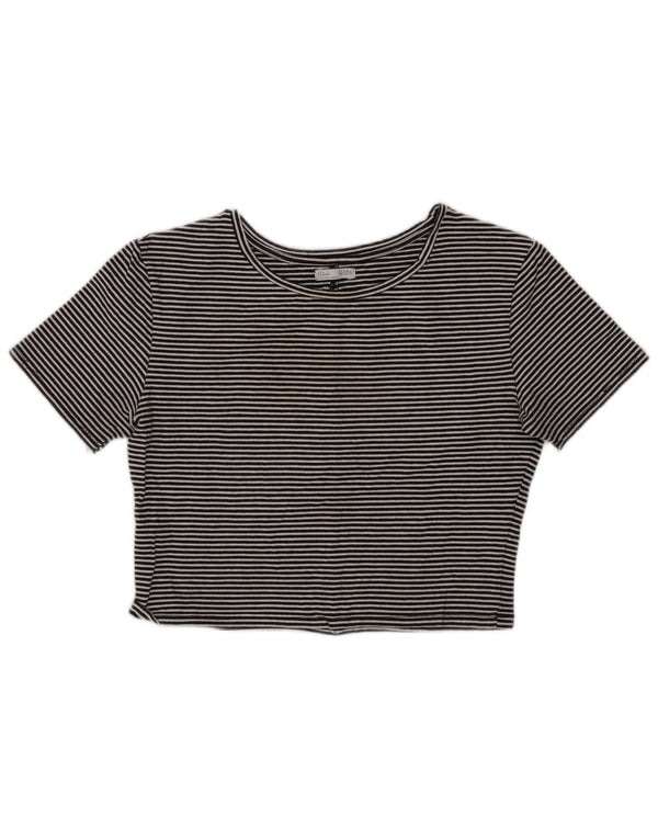 Zara Womens Crop T-Shirt Top UK 14 Large Black Striped Cotton