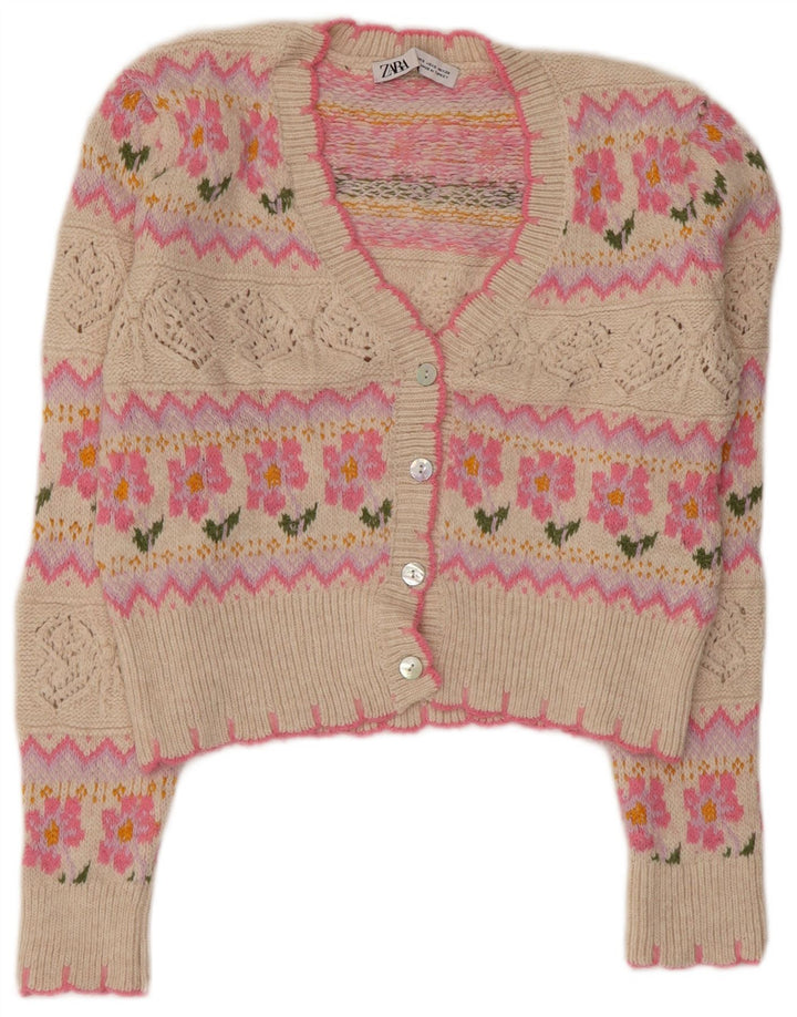 ZARA Womens Loose Fit Crop Cardigan Sweater UK 10 Small Pink Floral