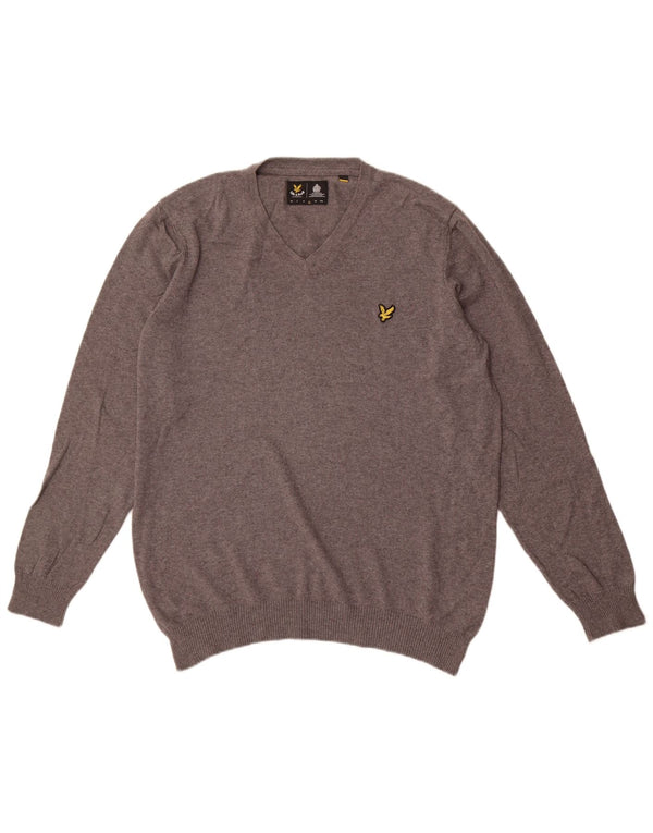 Lyle & Scott Mens V-Neck Jumper Sweater Large Grey Cotton