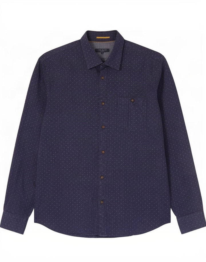 Ted Baker Mens Shirt Size 4 Large Navy Blue Spotted Cotton