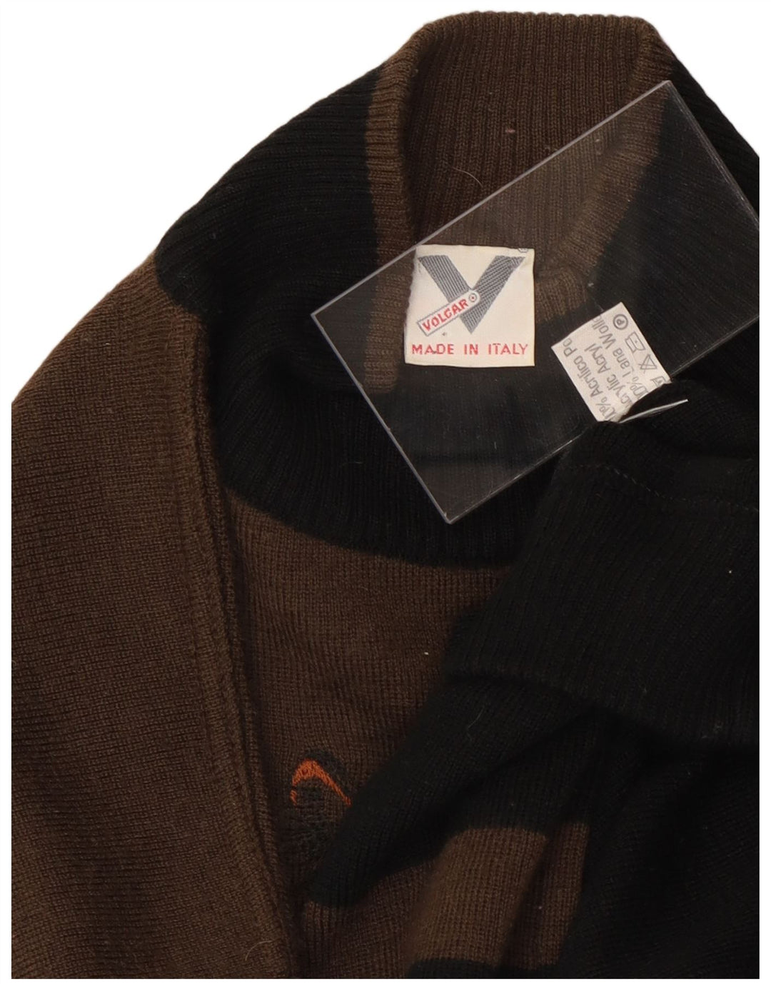 VINTAGE Mens Graphic Turtle Neck Jumper Sweater Small Brown Colourblock