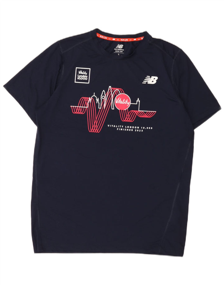 New Balance Mens Graphic T-Shirt Top Large Navy Blue Polyester