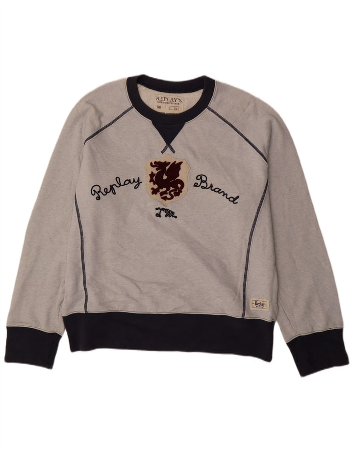 REPLAY Mens Graphic Sweatshirt Jumper XL Blue Colourblock Cotton