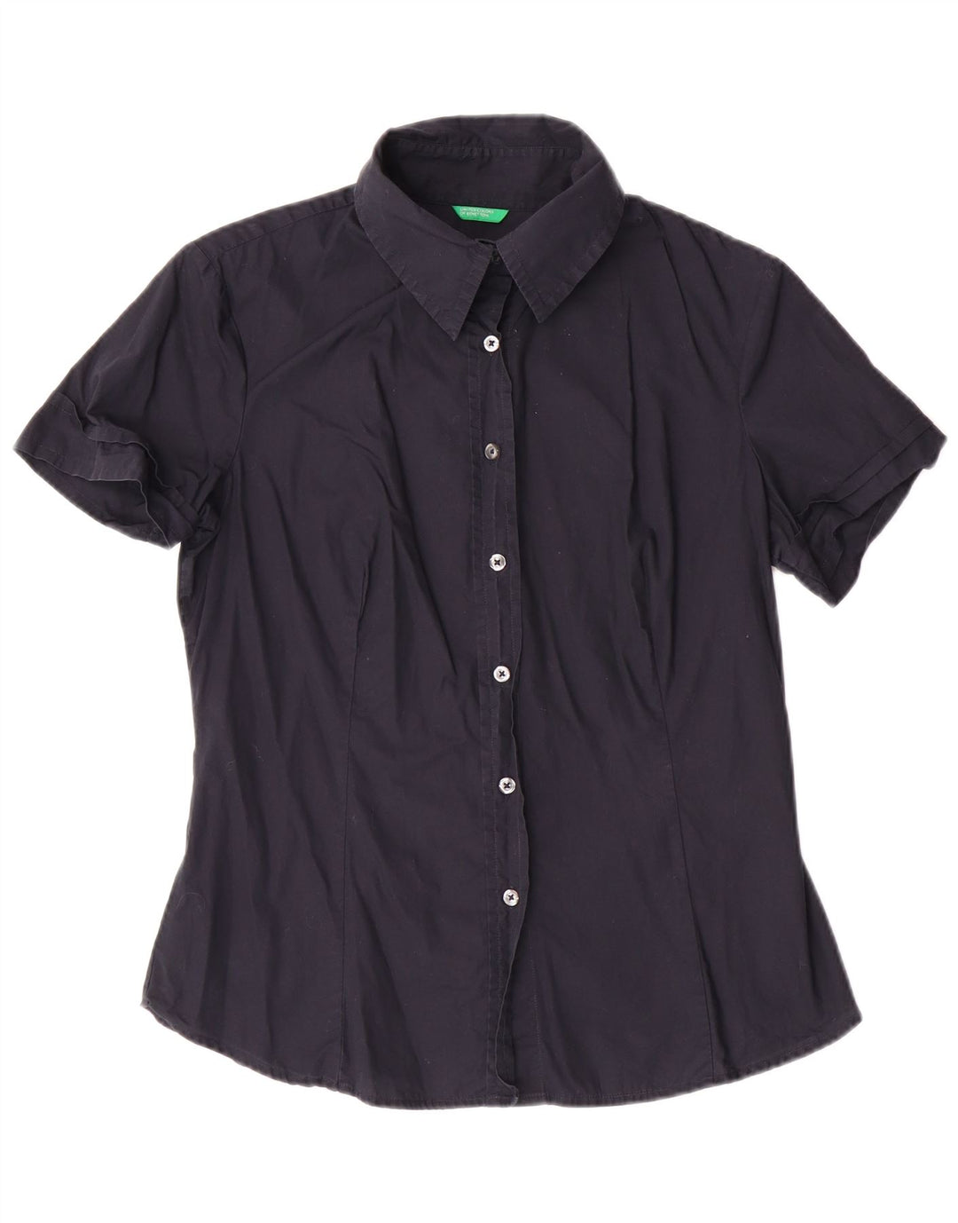 BENETTON Womens Short Sleeve Shirt UK 14 Large Navy Blue Cotton