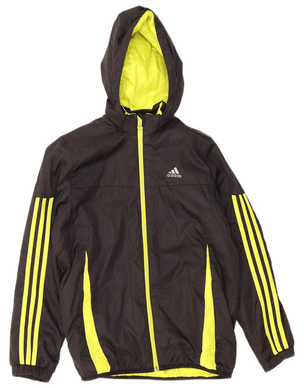 ADIDAS Boys Hooded Windbreaker Jacket 11-12 Years Black Colourblock