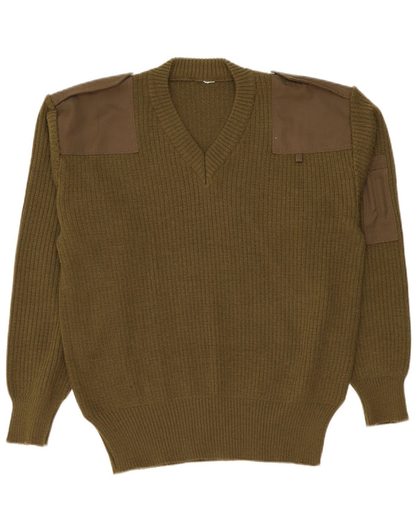 Vintage Mens Military V-Neck Jumper Sweater Large Khaki Army