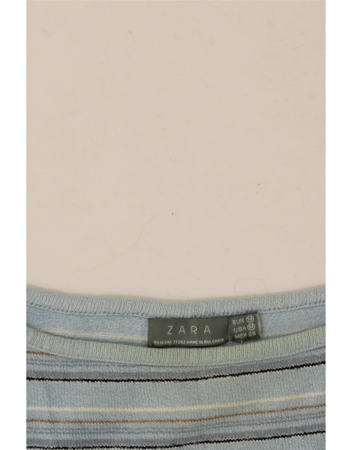Zara Womens Crop Top 3/4 Sleeve UK 12 Medium Blue Striped