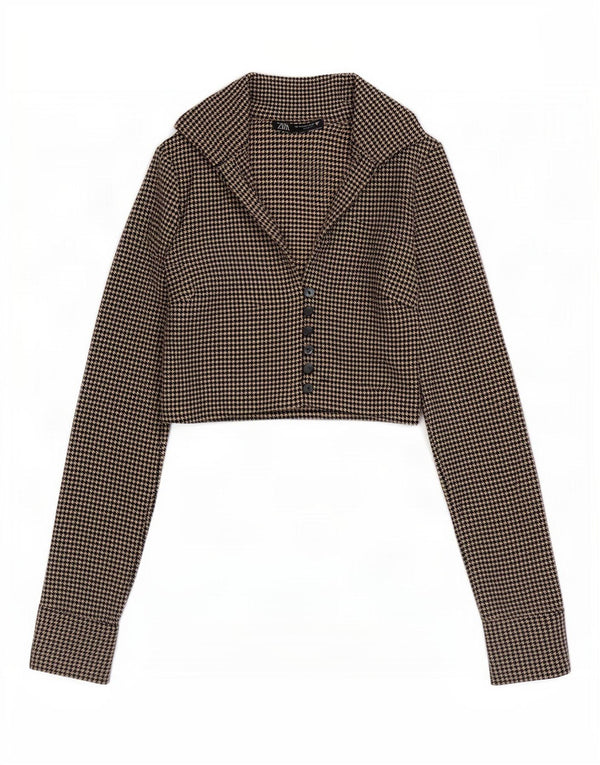 Zara Womens Crop Shirt Blouse UK 6 XS Brown Houndstooth Polyester
