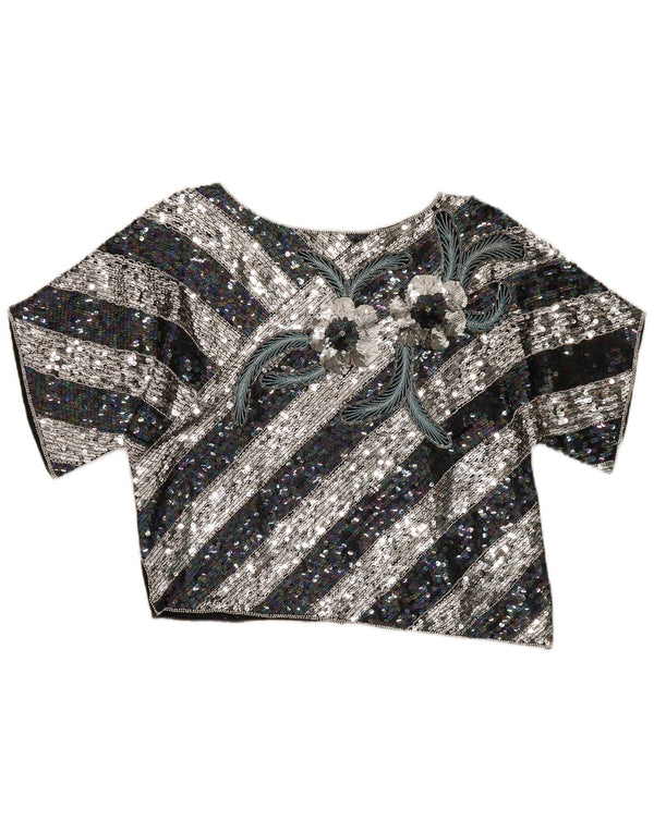 Vintage Womens Crop Graphic Blouse Top EU 40 Medium Black Striped Silk