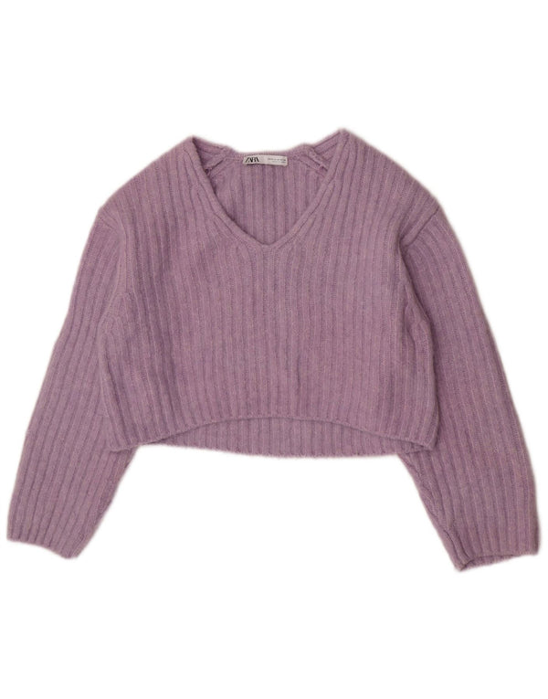 Zara Womens Crop V-Neck Jumper Sweater UK 14 Medium Purple Polyester