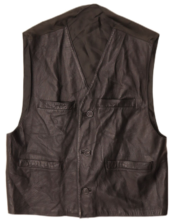 Vintage Mens Leather Waistcoat Large Black Leather