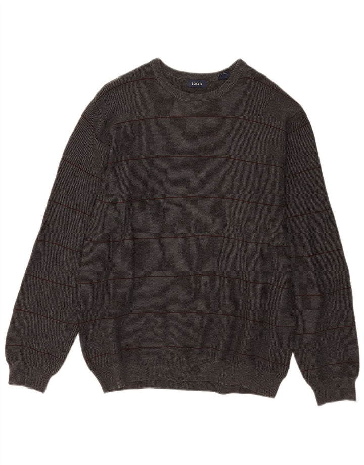 Izod Mens Crew Neck Jumper Sweater Medium Grey Striped Cotton
