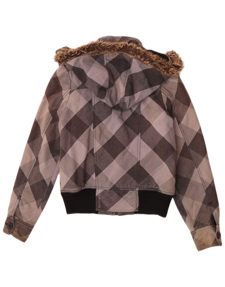 Roxy Womens Hooded Bomber Jacket UK 10 Small Grey Check Cotton