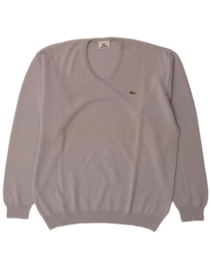 Lacoste Mens V-Neck Jumper Sweater Size 5 Large Blue Virgin Wool