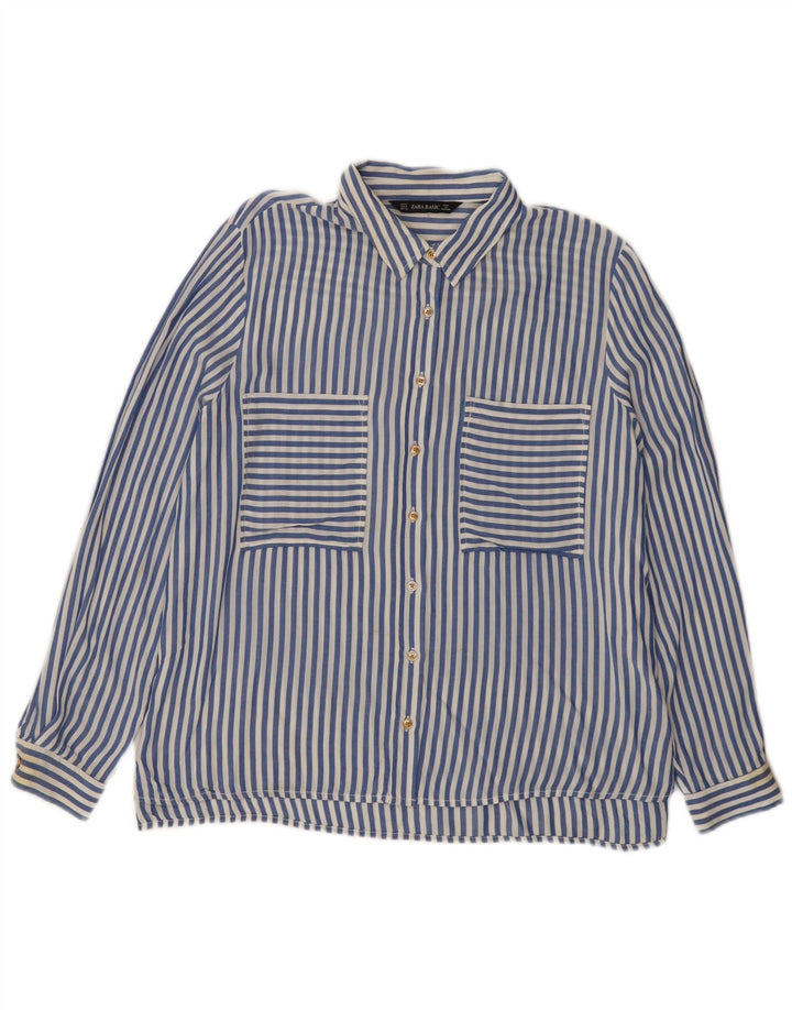 Zara Womens Shirt UK 14 Medium Blue Pinstripe Viscose
