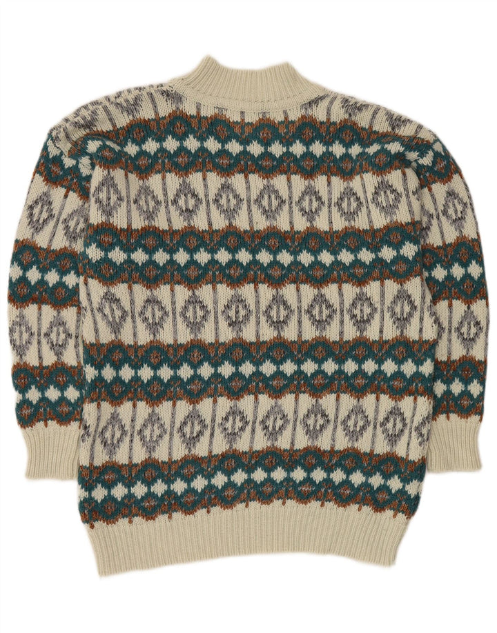 VINTAGE Mens Turtle Neck Jumper Sweater Medium White Fair Isle