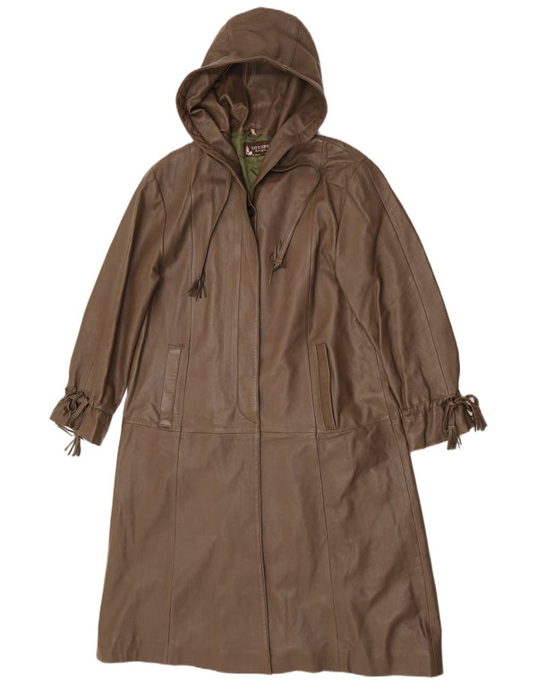 Vintage Womens Hooded Leather Coat EU 38 Medium Brown Leather