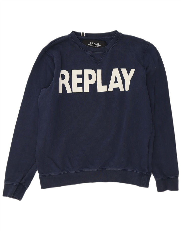 Replay Mens Graphic Sweatshirt Jumper Large Navy Blue Cotton