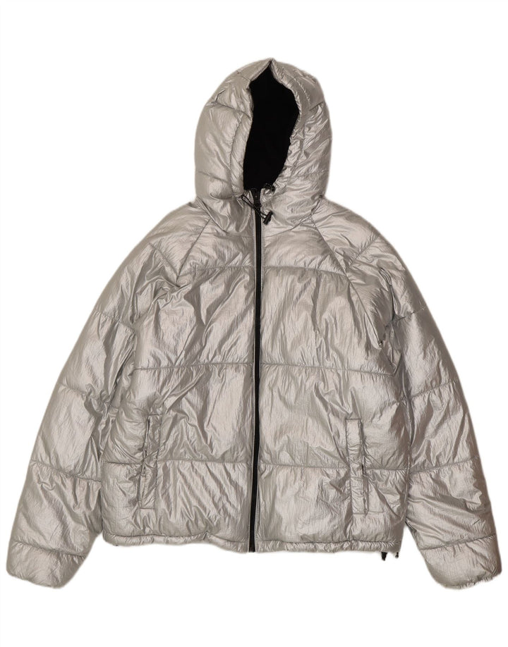 Zara Womens Oversized Graphic Hooded Padded Jacket EU 38 Small Silver Nylon