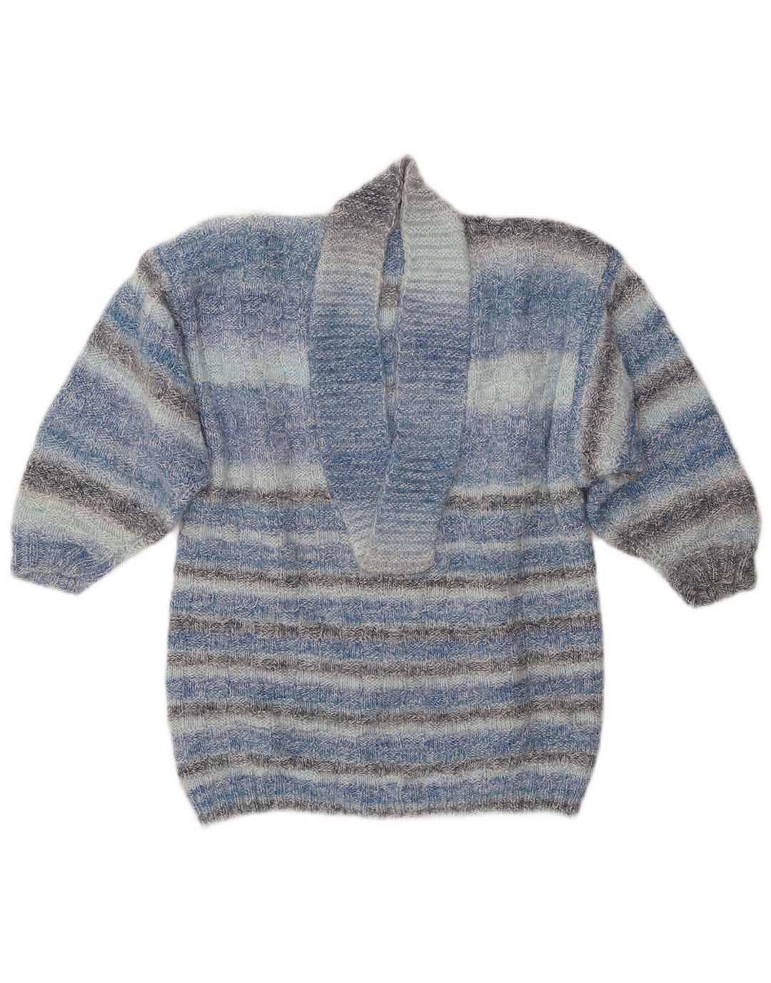 VINTAGE Womens Shawl Neck Jumper Sweater UK 14 Medium Blue Striped