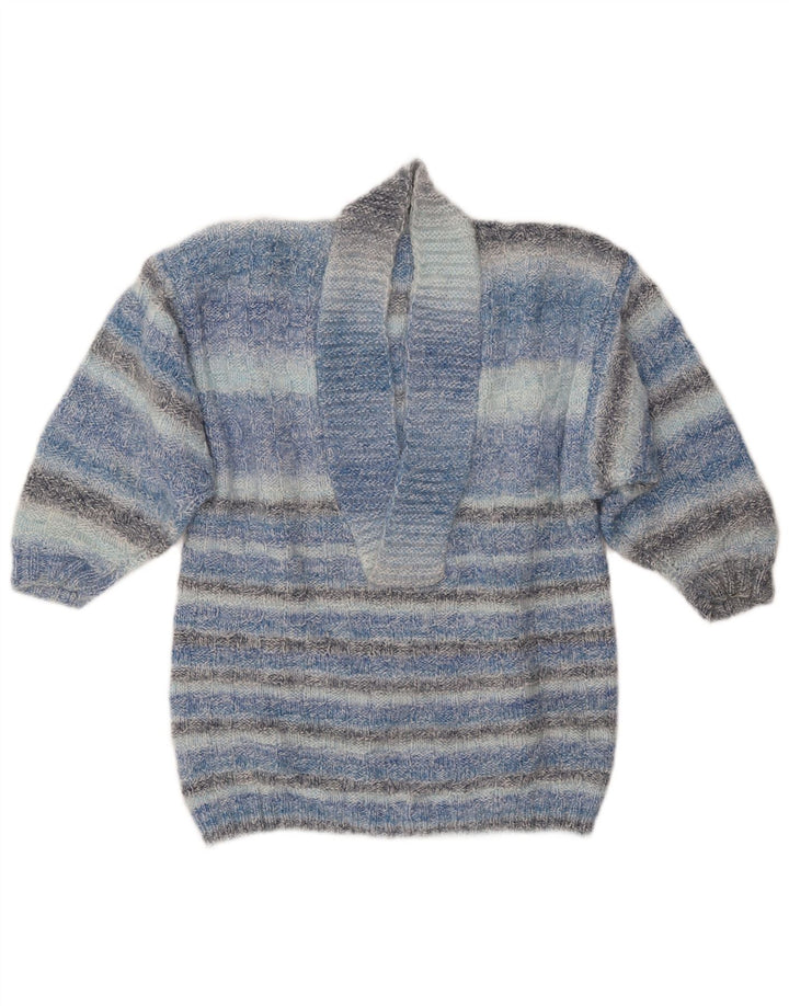 VINTAGE Womens Shawl Neck Jumper Sweater UK 14 Medium Blue Striped
