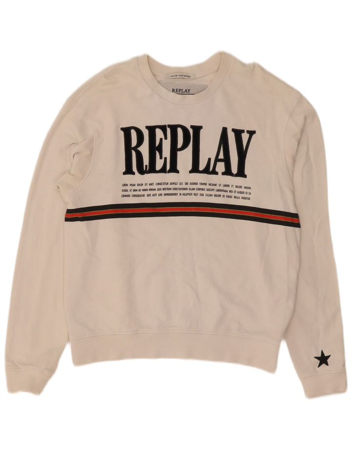 Replay Womens Graphic Sweatshirt Jumper UK 14 Medium White Cotton