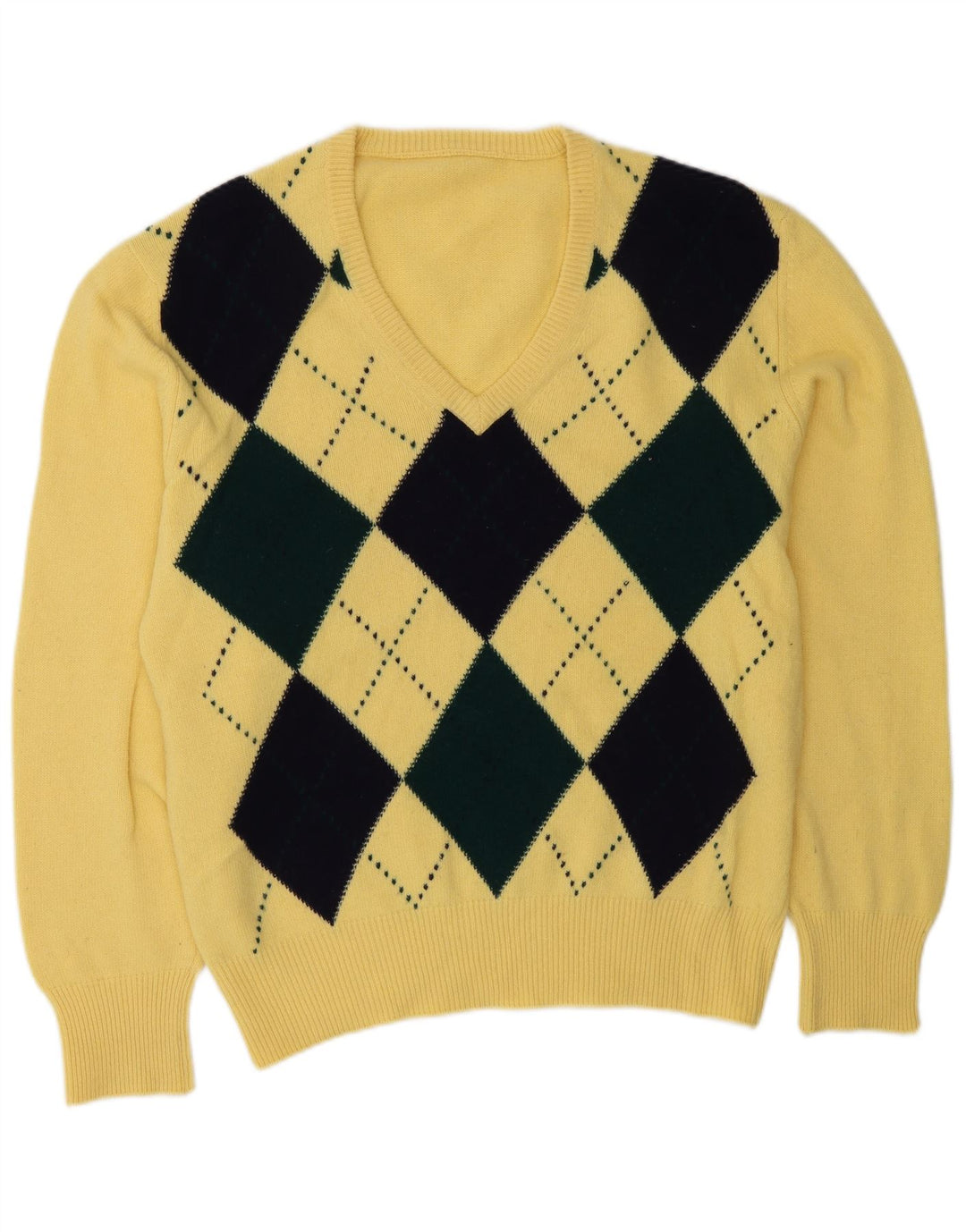 VINTAGE Mens V-Neck Jumper Sweater Large Yellow Argyle/Diamond