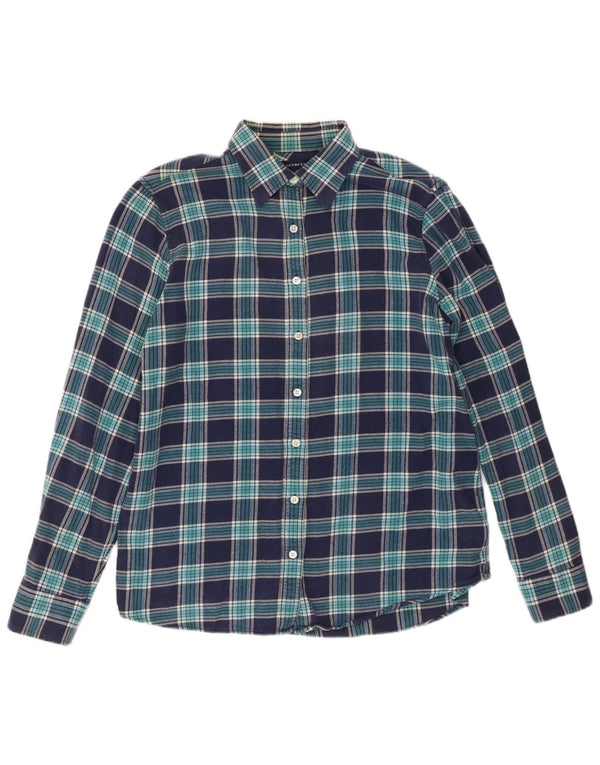 Lands End Womens Flannel Shirt UK 14 Medium Navy Blue Check Cotton