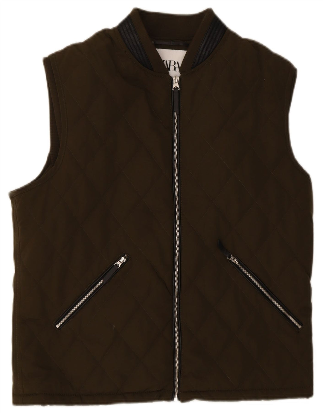 Zara Mens Quilted Gilet UK 40 Large Khaki Polyester