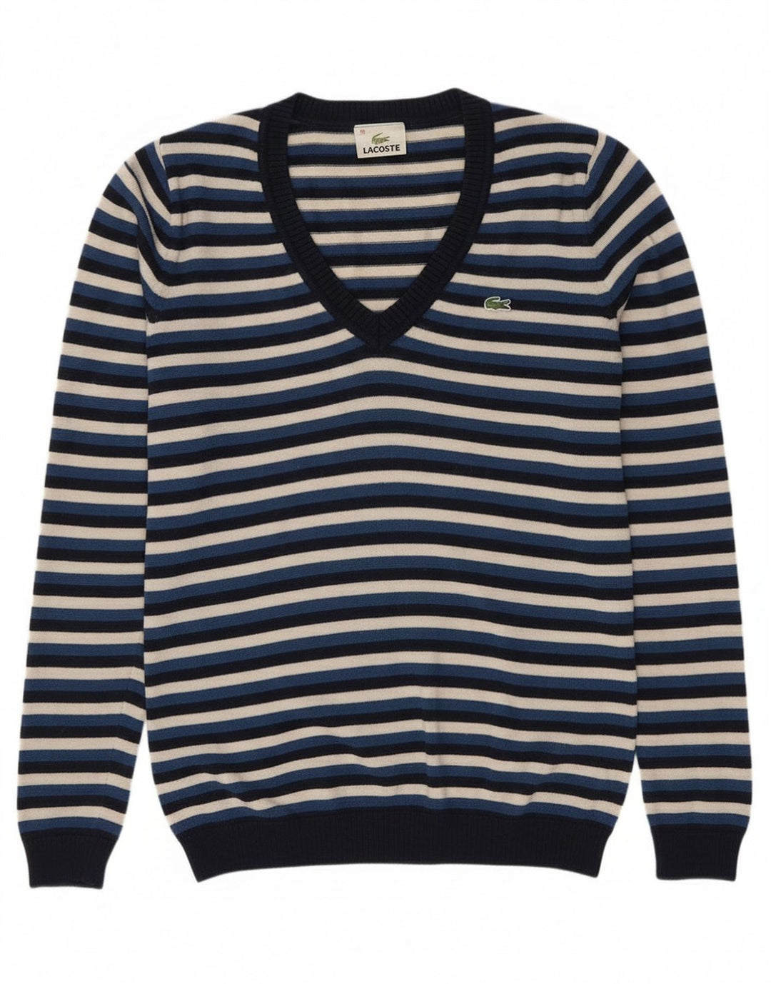 Lacoste Womens V-Neck Jumper Sweater Size 38 Medium Navy Blue Striped Wool