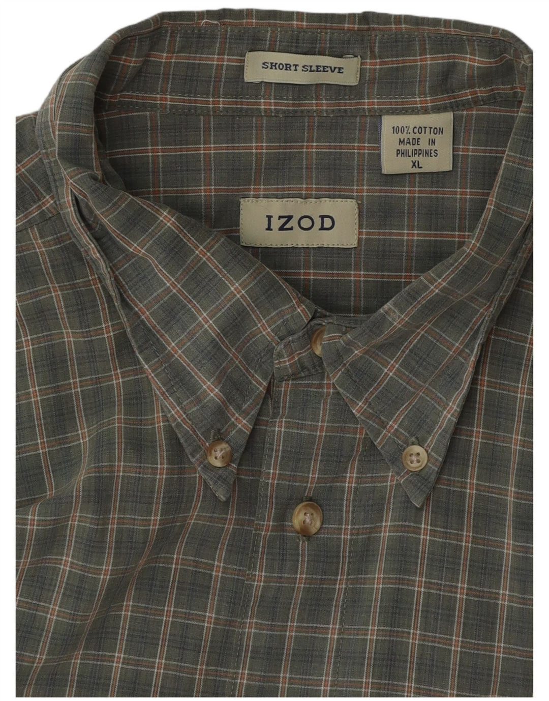 IZOD Mens Short Sleeve Shirt XL Khaki Check Cotton