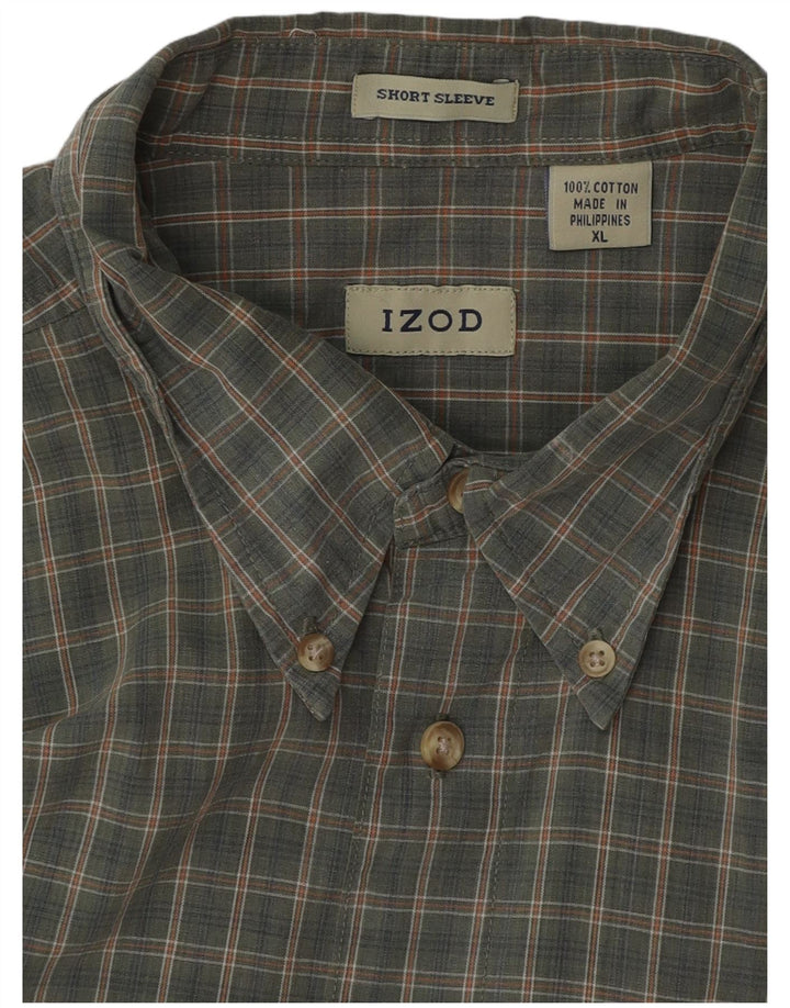 IZOD Mens Short Sleeve Shirt XL Khaki Check Cotton