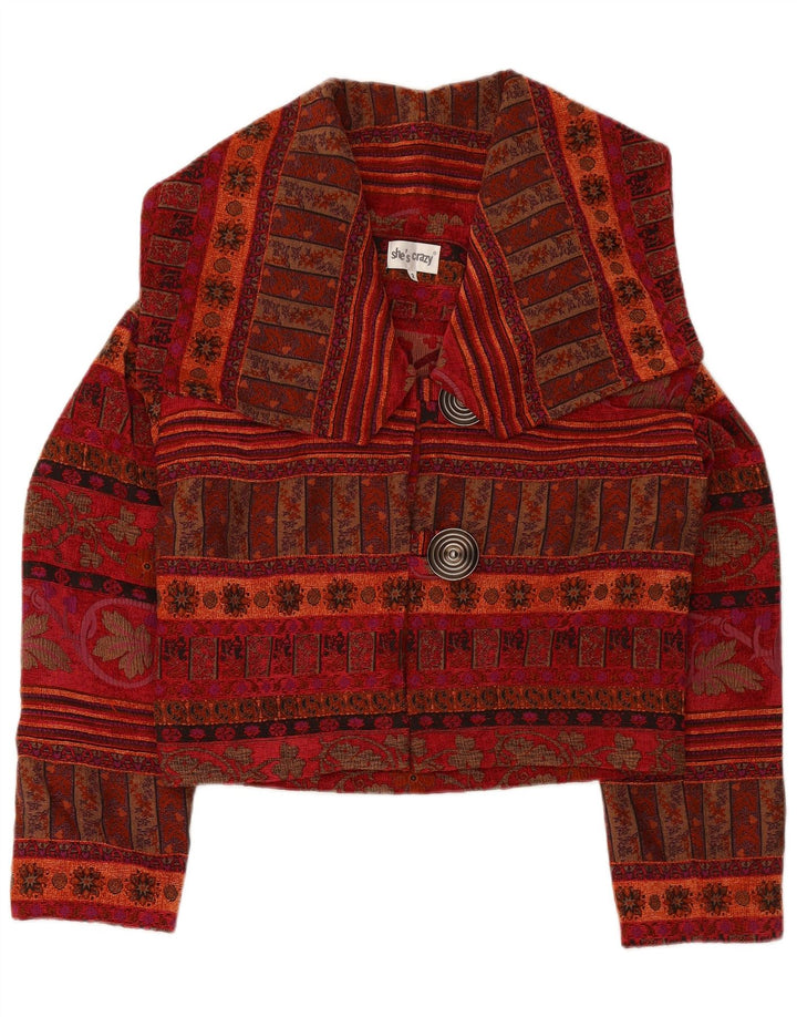 SHE'S CRAZY Womens Crop Oversized Blazer Jacket US 2 XS Burgundy Floral