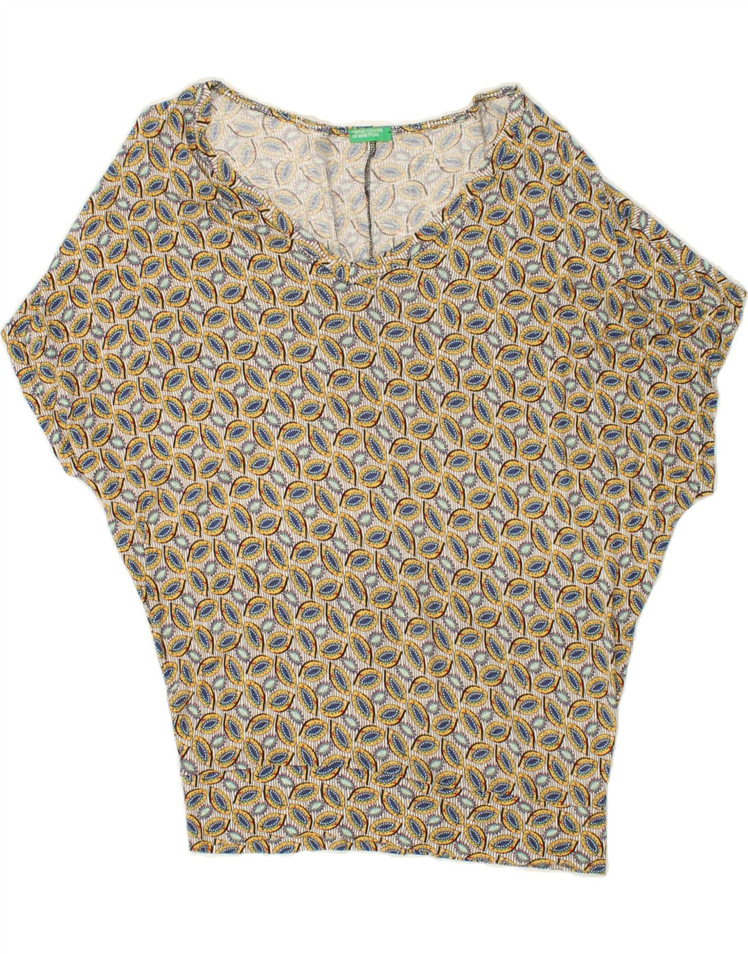 BENETTON Womens Abstract Pattern Batwing Blouse Top UK 10 Small Yellow Vintage Benetton and Second-Hand Benetton from Messina Hembry 