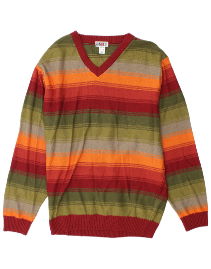 ROGER KENT Mens V-Neck Jumper Sweater EU 50 Medium Multicoloured Striped