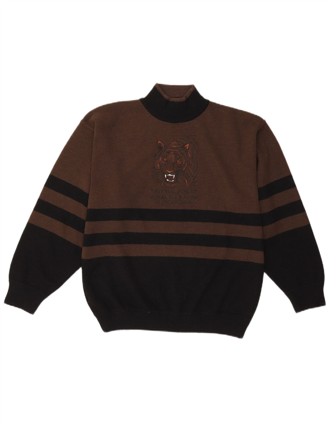 VINTAGE Mens Graphic Turtle Neck Jumper Sweater Small Brown Colourblock