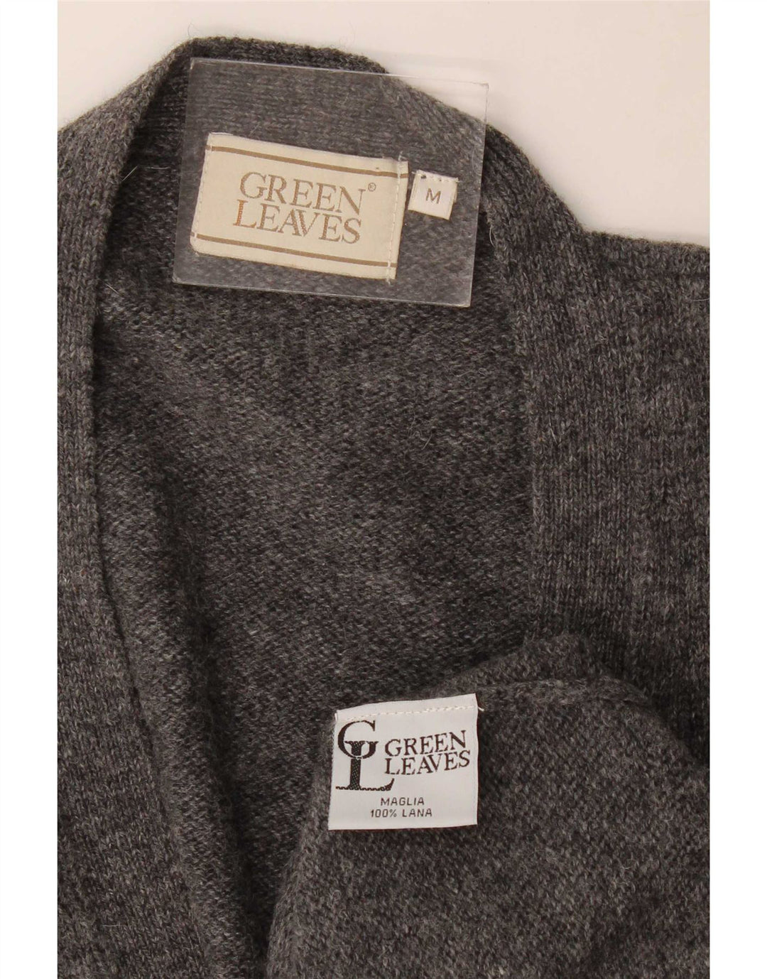 Green Leaves Mens Sleeveless Cardigan Sweater Medium Grey Wool