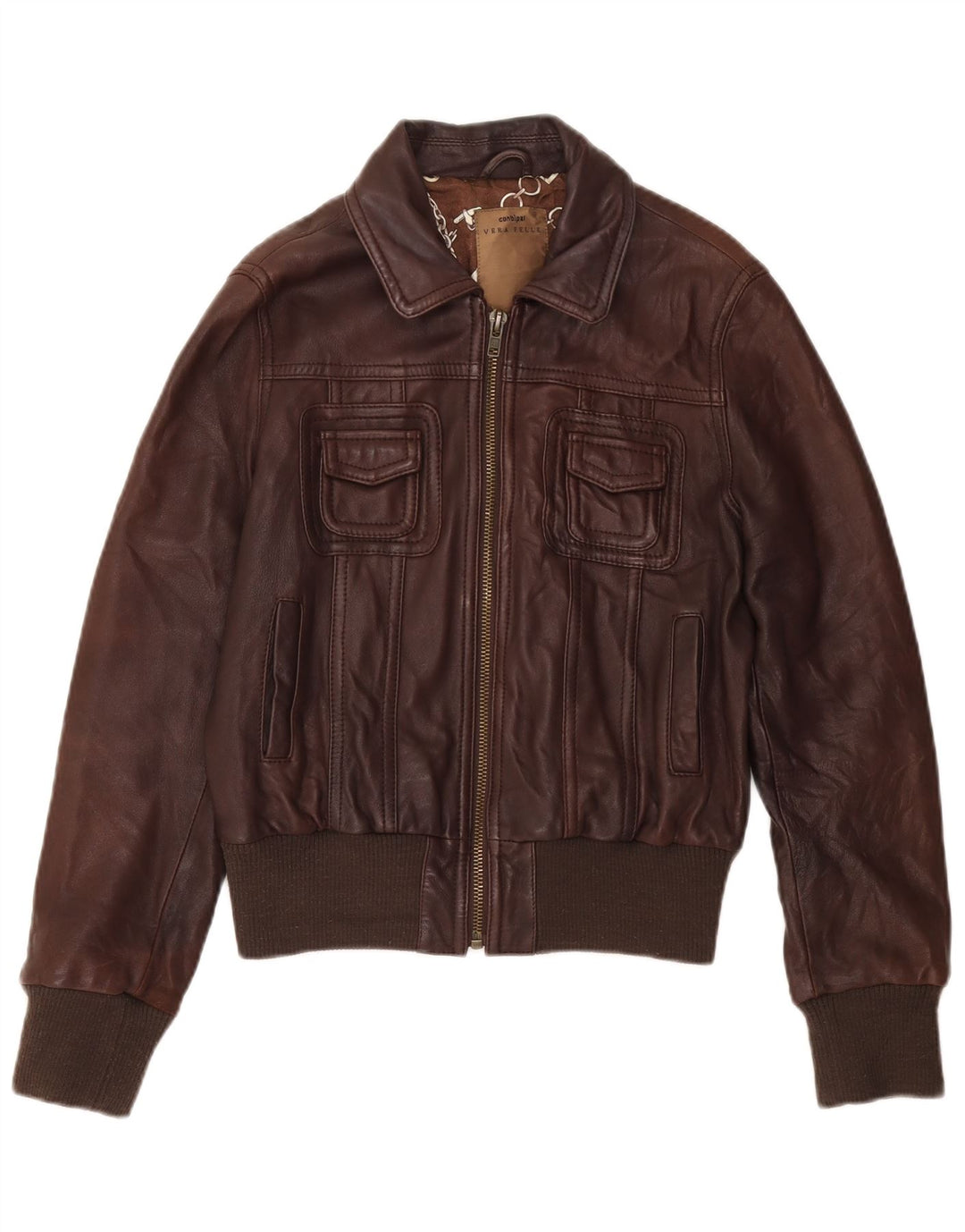 Conbipel Womens Bomber Leather Jacket IT 44 Medium Brown Leather