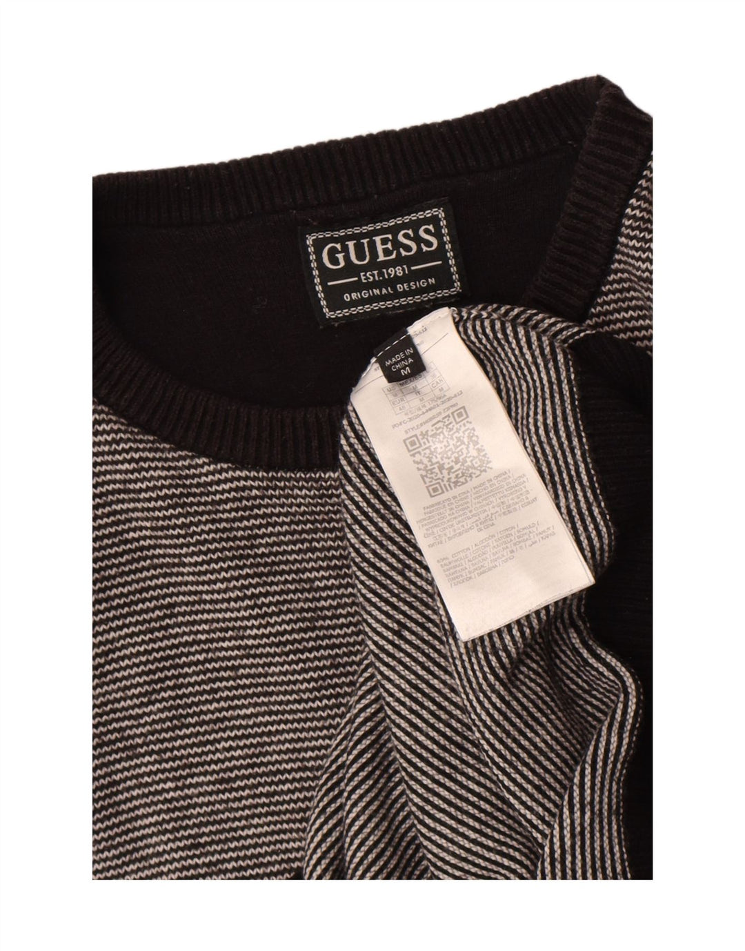 Guess Mens Crew Neck Jumper Sweater Medium Black Striped Cotton