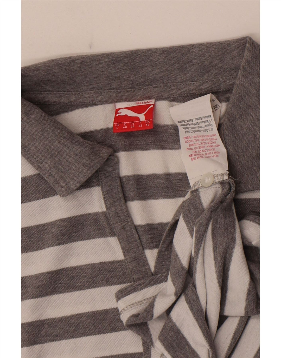 Puma Womens Polo Shirt UK 14 Medium Grey Striped Cotton
