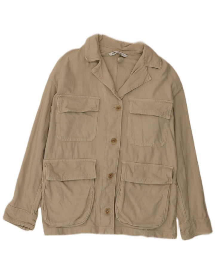Zara Womens Oversized Utility Jacket UK 10 Small Khaki Cotton