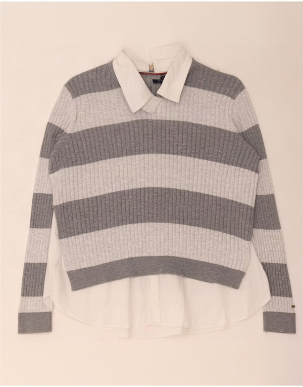 Tommy Hilfiger Womens Blouse Top UK 14 Medium Grey Striped Cotton