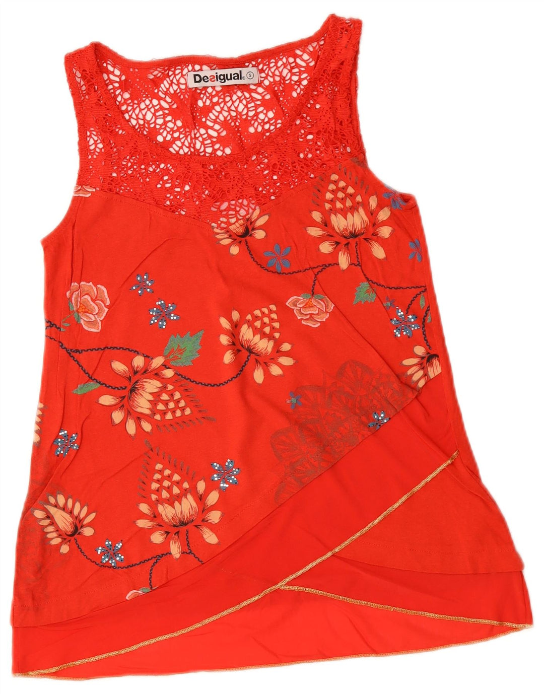 DESIGUAL Womens Sleeveless Blouse Top UK 10 Small Red Floral Cotton