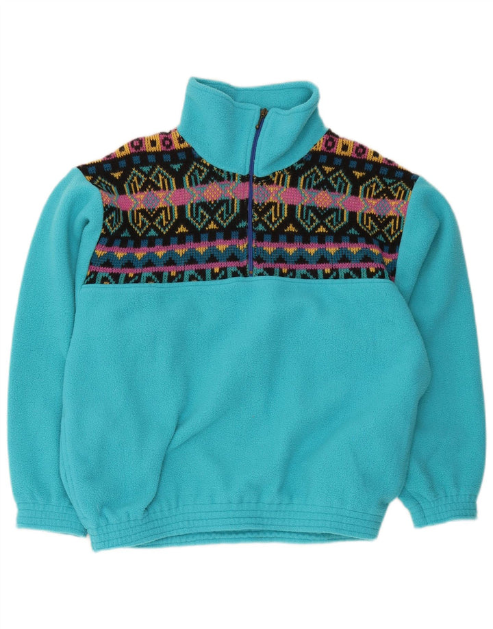 Vintage Mens Zip Neck Fleece Jumper Medium Blue Geometric