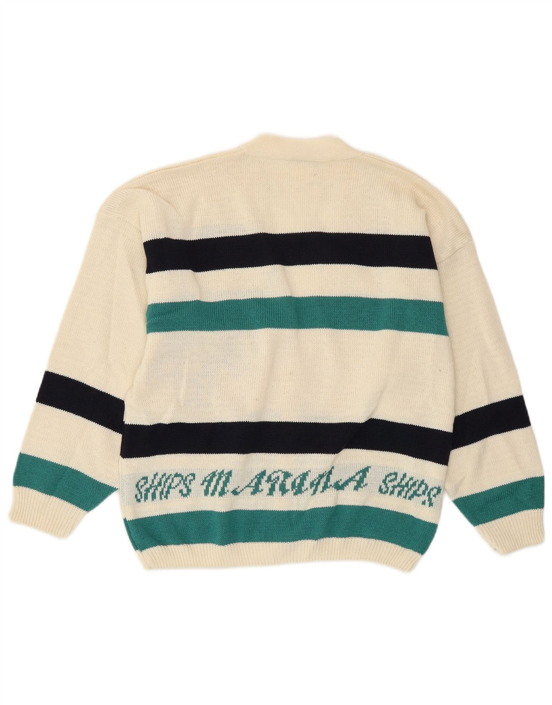 VINTAGE Mens Yachting Graphic Cardigan Sweater Small Off White Striped