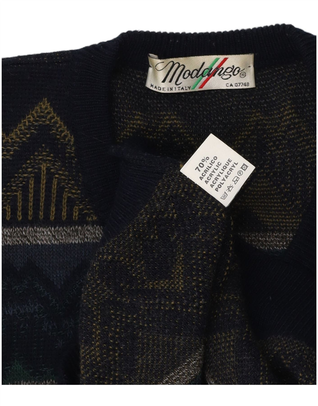 MODANGO Mens V-Neck Jumper Sweater Large Navy Blue Geometric Acrylic