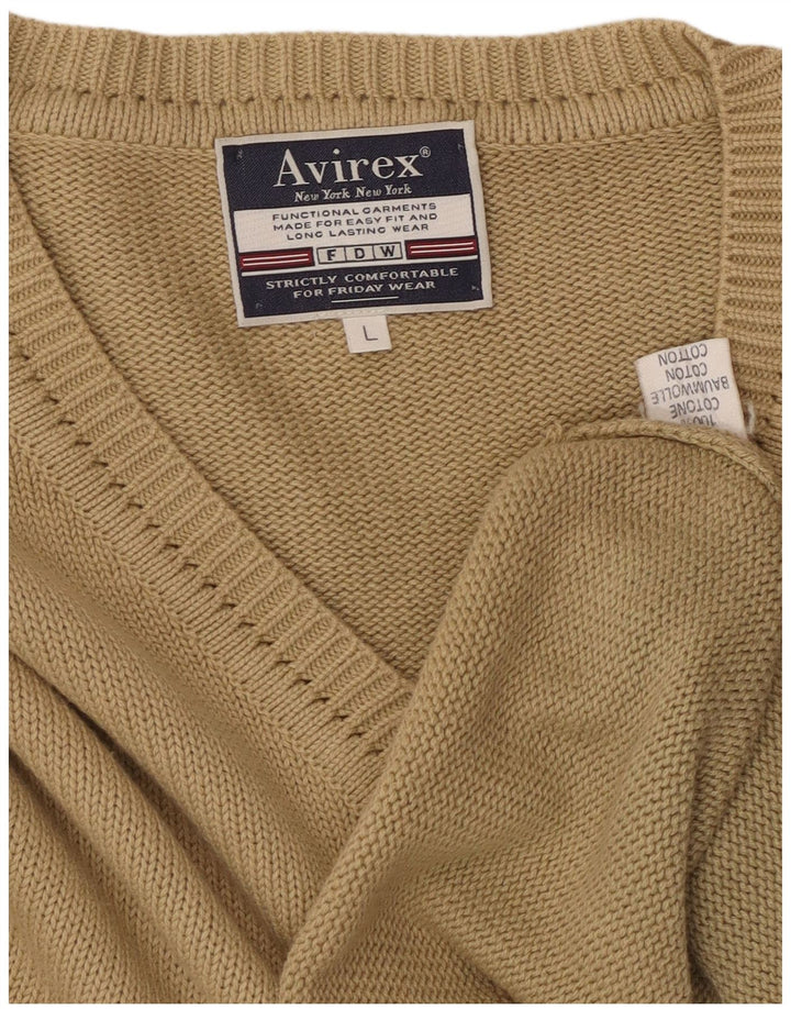 Avirex Mens V-Neck Jumper Sweater Large Beige Cotton