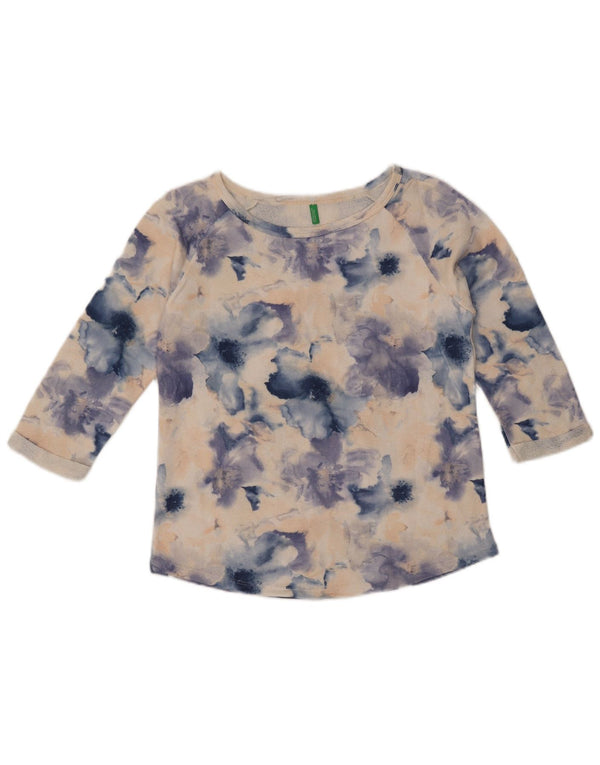 BENETTON Womens Top 3/4 Sleeve UK 14 Medium Blue Floral Cotton