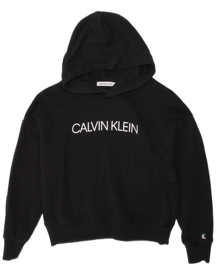 CALVIN KLEIN JEANS Girls Crop Graphic Hoodie Jumper 11-12 Years Black