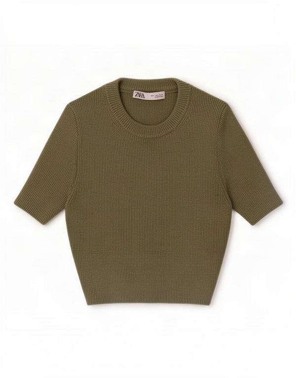 Zara Womens Crop Short Sleeve Crew Neck Jumper Sweater UK 8 Small Khaki